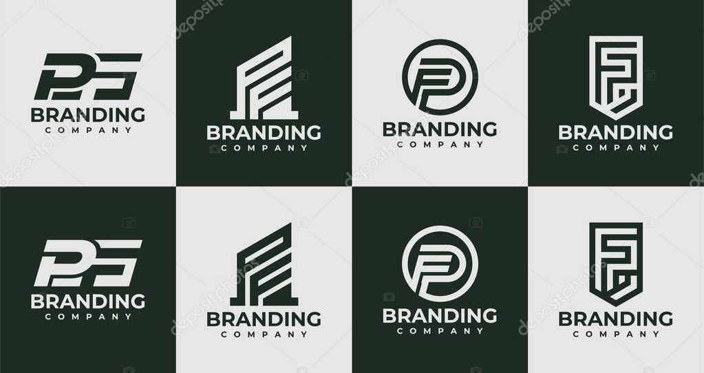 Set of initial letter P F PF logo design branding.