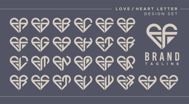 Line heart love letter F FF logo design bundle clipart