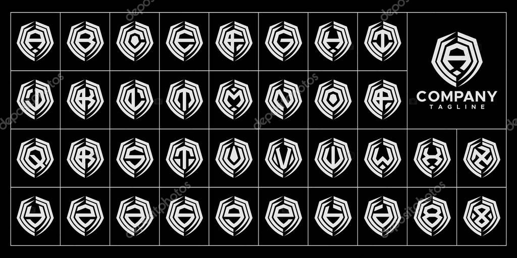 Modern line shield initial letter A to Z logo set