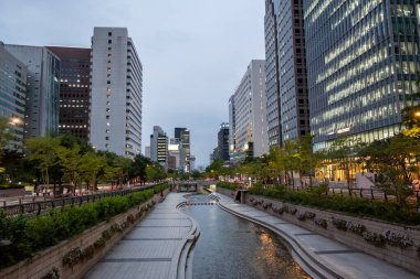 Seul, Güney Kore - 11 Temmuz 2022: Cheonggyecheon deresi gece. Seul 'de modern bir kamusal alan.