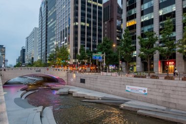 Seul, Güney Kore - 11 Temmuz 2022: Cheonggyecheon deresi gece. Seul 'de modern bir kamusal alan.