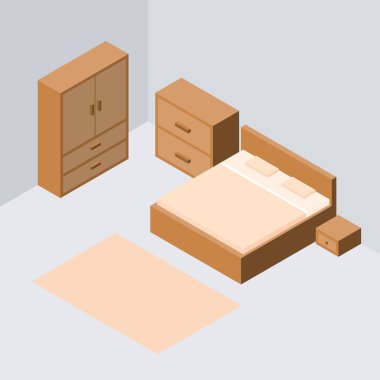 Yatak odası mobilyaları, Isometric Çizim Vektörü.