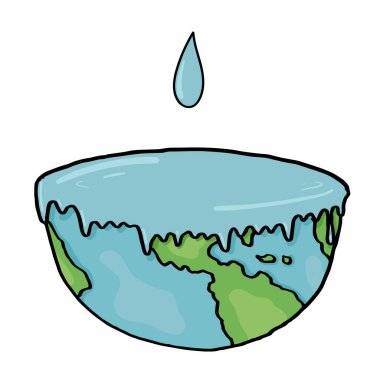 Çizgi film el çizimi su damlaları dünyaya düşer. 22 Mart 'taki Dünya Su Günü kavramı, su kriziyle başa çıkmak için harekete geçmekle ilgilidir..