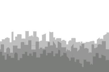 Işık arkaplanı üzerinde fotokopi alanı olan rastgele gri şehir siluet vektörü