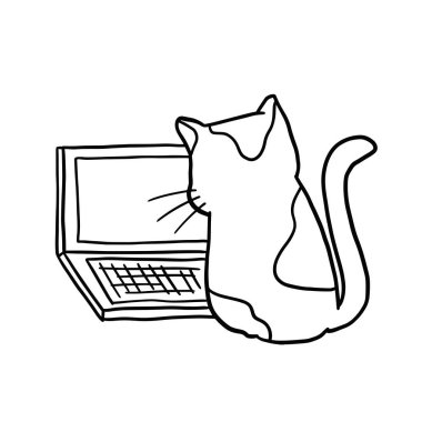 Çizgi film kedisi dizüstü bilgisayarın önünde oturur.