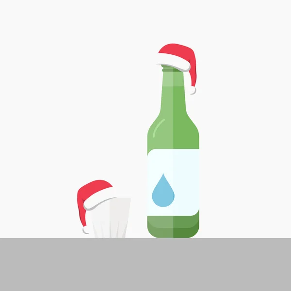 Flache Ikone Von Soju Mit Glas Mit Weihnachtsmütze Ist Ein — Stockvektor