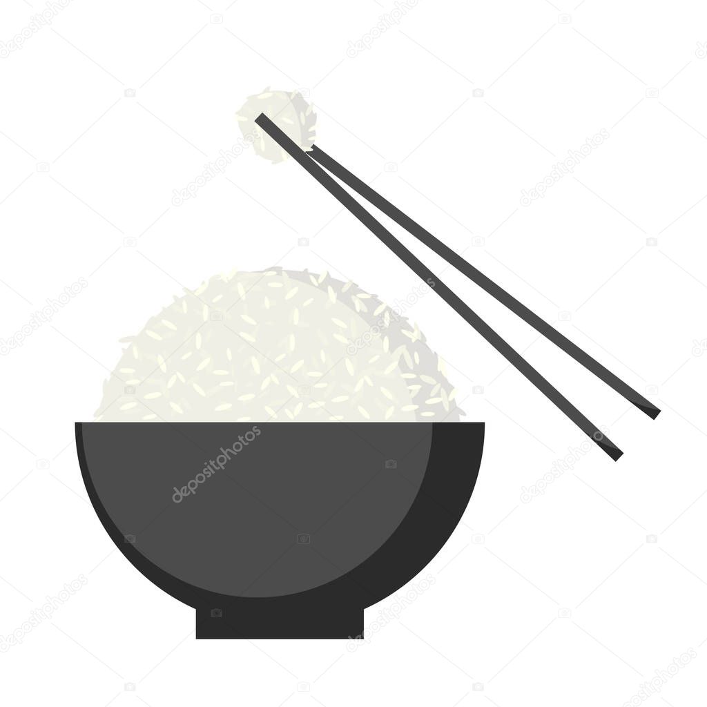 Rice Bowl with Chopsticks, Flat Icon Vector.