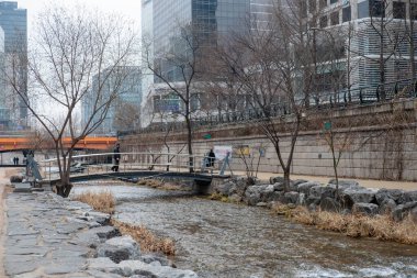 Seul, Güney Kore - 18 Şubat 2023: Cheonggyecheon deresi etrafında yürüyen insanlar, Seul 'de modern bir kamusal alan