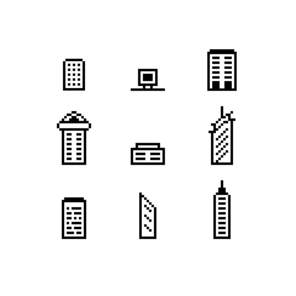 Набор Минимального Битного Пиксельного Стиля Здания Иконы Инфографический Дизайн — стоковый вектор