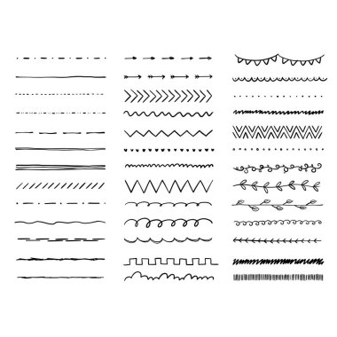 Bir dizi el çizimi elementleri okşar. Vektör illüstrasyonu