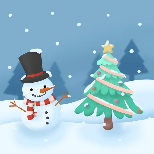 Hand Drawn Cartoon Illustration Snowman Christmas Tree Greeting Card Design — Stock Photo, Image