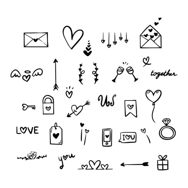 Set Handgetekende Doodle Icoon Voor Valentijnsdag — Stockvector