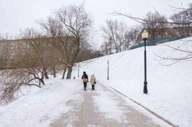 Moskova, Rusya. 18 Aralık 2016 : Novodevichy Park'ta donmuş göletle dolaşan insanlar.