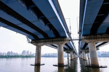 Seul, Güney Kore - 11 Temmuz 2022: Han nehrinin yanındaki parklardan biri olan Yeouido Hangang Parkı 'nda nehir manzarası