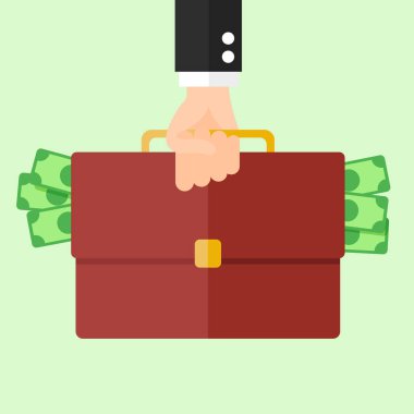 Para dolu el ele tutuşan bir iş çantası. Simge Vektörü.