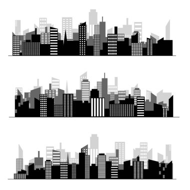 Siyah rastgele şehir silueti, şehir manzarası. Beyaz arkaplanda vektör