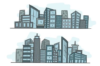 Çizgi film el çizim şehri, beyaz arkaplanı ile renk.