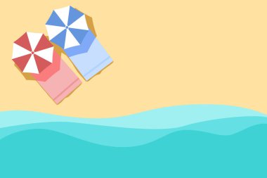 Plaj Planı, yaz geçmişi. şemsiyeli, yukarıdan havlu manzaralı.