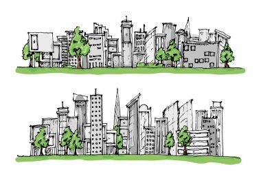 Çizgi film el çizim şehri, beyaz arkaplanı ile renk.