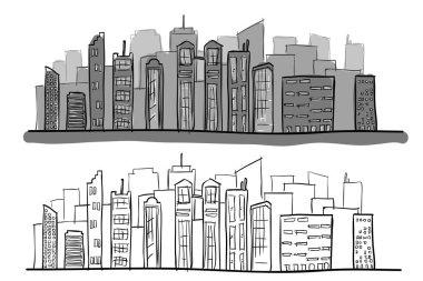 Çizgi film el çizim şehri, beyaz arkaplanı ile renk.