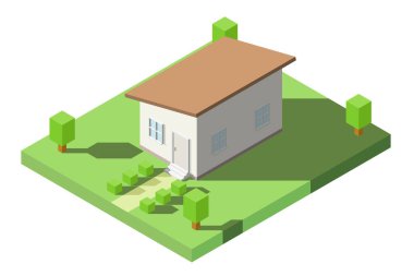 Isometric Evi 'nin turuncu eğimli çatısı ve Isometric Bahçesi Icon için, Infographic tasarımı.