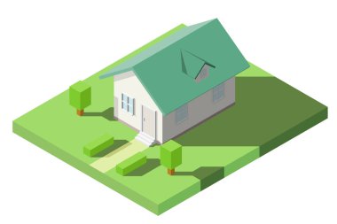 İkona için bahçeli çimlerin üzerinde yeşil yurt çatısı olan Ev Vektörü Isometric, Infographic tasarımı.