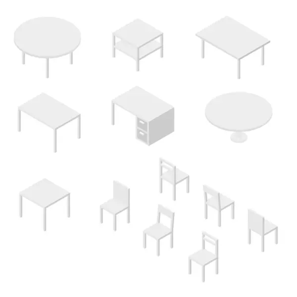 Mobilya seti, sandalyeler ve masalar. İzometrik Çizim Vektörü.