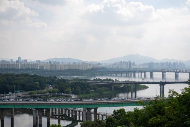 Seul, Güney Kore - 31 Ağustos 2023: Han Nehri 'nin yanındaki Seul Ormanı bölgesinde gökdelen kümesi.