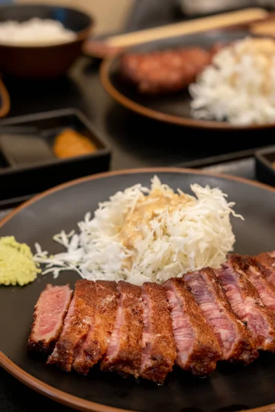 Set Gyukatsu Beef Cutlet Served Cabbage Traditional Japanese Food Consists — Stock Photo, Image