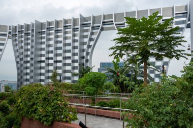 Singapore - 8 March 2024: View of Sky Garden at CapitaSpring Building. It is rooftop observation deck with variety of plants which offers view of Singapore Central Business District clipart