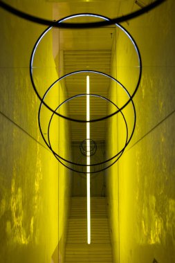 Seoul, South Korea - 3 September 2023: Gravity Stair, artwork by Olafur Eliasson at Leeum Samsung Museum of Art contains LEDs light and mirror, creates reflection and upside down view. clipart