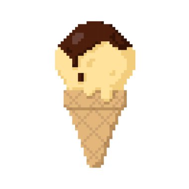 Üst düz ikon vektöründe çikolatalı vanilyalı dondurma külahı. Piksel 8bit biçimi