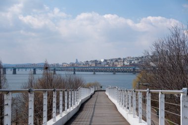 Güney Kore 'deki Seul Orman Yaya Köprüsü' nün yanındaki Han Nehri manzarası.
