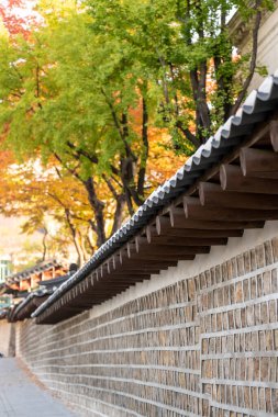 Deoksugung Stonewall Walkway with beautiful autumn foliage. It is the pedestrian footpath that runs next to Deoksugung Palace in Seoul, South Korea clipart