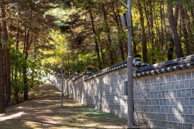 Geleneksel Kore taş duvarı, sonbahar manzaralı tepenin üzerinde.