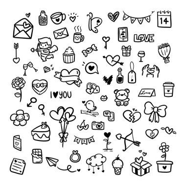 Sevgililer Günü için el yapımı karalama simgeleri.