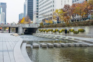 Seul, Güney Kore - 25 Kasım 2019: Sonbaharda Cheonggyecheon deresinin görüntüsü. Seul 'de modern bir kamusal alan.