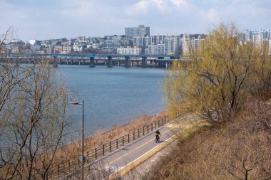 Seul, Güney Kore - 20 Mart 2024: Güney Kore 'deki Seul Pedestrian Köprüsü' nün yanında Han Nehri 'nin yanında bisiklet süren bir kişi