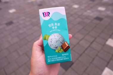 Seul, Güney Kore - 11 Temmuz 2022: Baskin Robins Naneli Çikolatalı Süt.