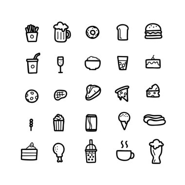 Yiyecek ve içecek el çizimi. Doodle Vektörü