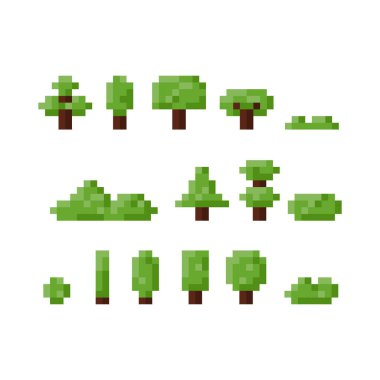 Ağaç ve çalı ikonu seti. Piksel 8 bit biçimi