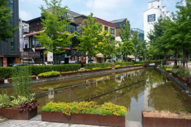 Seul, Güney Kore - 17 Haziran 2025: Yazın Hongik Üniversitesi İstasyonu, Seul, Güney Kore yakınlarındaki halk parkında ağaç ve dere.