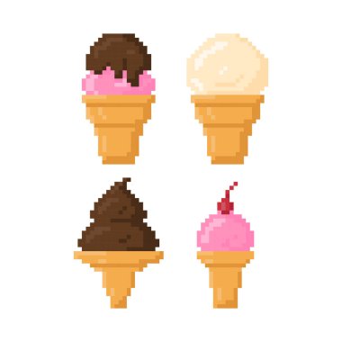 Çeşitli dondurma külahı düz ikon vektörleri. Piksel 8bit biçimi