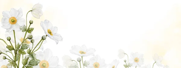 抽象アート花は自然バナーの背景のために水彩を咲かせます 背景装飾 バナー ヘッダー 結婚式 カード またはウェブに適した水彩アネモネの庭のデザイン — ストック写真