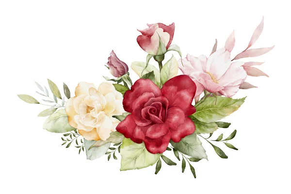 Watercolor Arrangements Rose Flowers Bouquets Rose Pink Red Yellow Leaves — Stock Photo, Image
