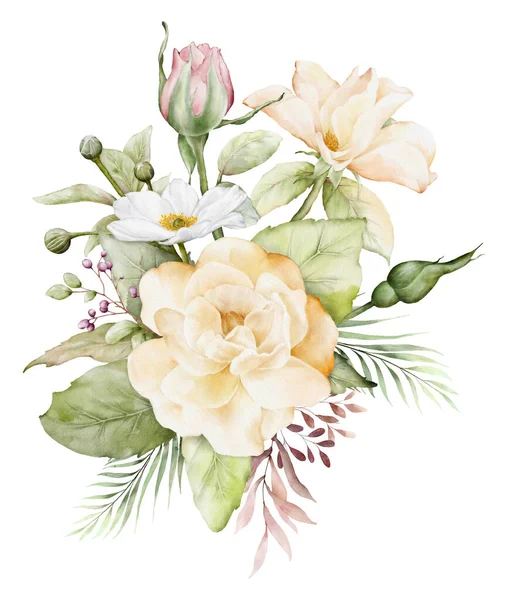 수채화와 장미꽃의 노란색 분홍색 그리고 발렌타인 인사말 카드를 나뭇잎 구성을 — 스톡 사진