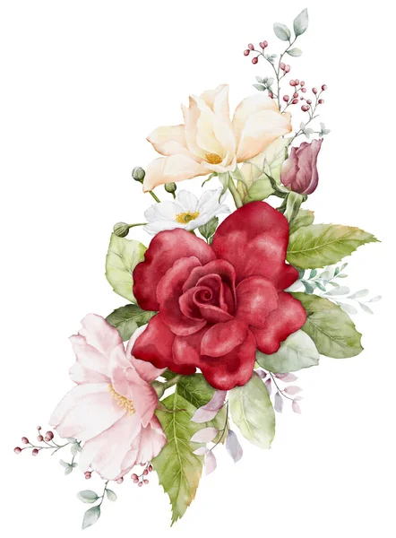 Watercolor arrangements with rose flowers. Bouquets of rose pink, red, yellow, and leaves composition for wedding, Valentine or greeting cards. Botanic illustration isolated on white background.