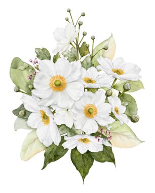 Beyaz çiçekli suluboya düzenleme. Bir buket şakayık çiçeği ve düğün, Sevgililer Günü ya da tebrik kartları için uygun yapraklar. Botanik illüstrasyonu beyaz arkaplanda izole edildi.