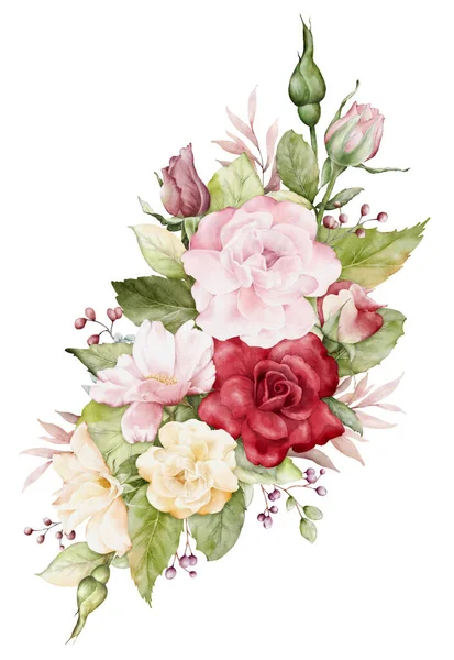 Watercolor Arrangements Rose Flowers Bouquets Pink Red Yellow Roses Leaves — 스톡 사진