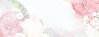 Gentle and light abstract background with watercolor roses and splash stains. suitable for banner background decoration, header, weddings, cards, or web.